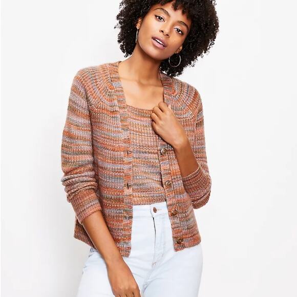 Ann Taylor Loft Spacedye Fuzzy Striped Sweater Cardigan And Tank Twinset - Picture 1 of 7